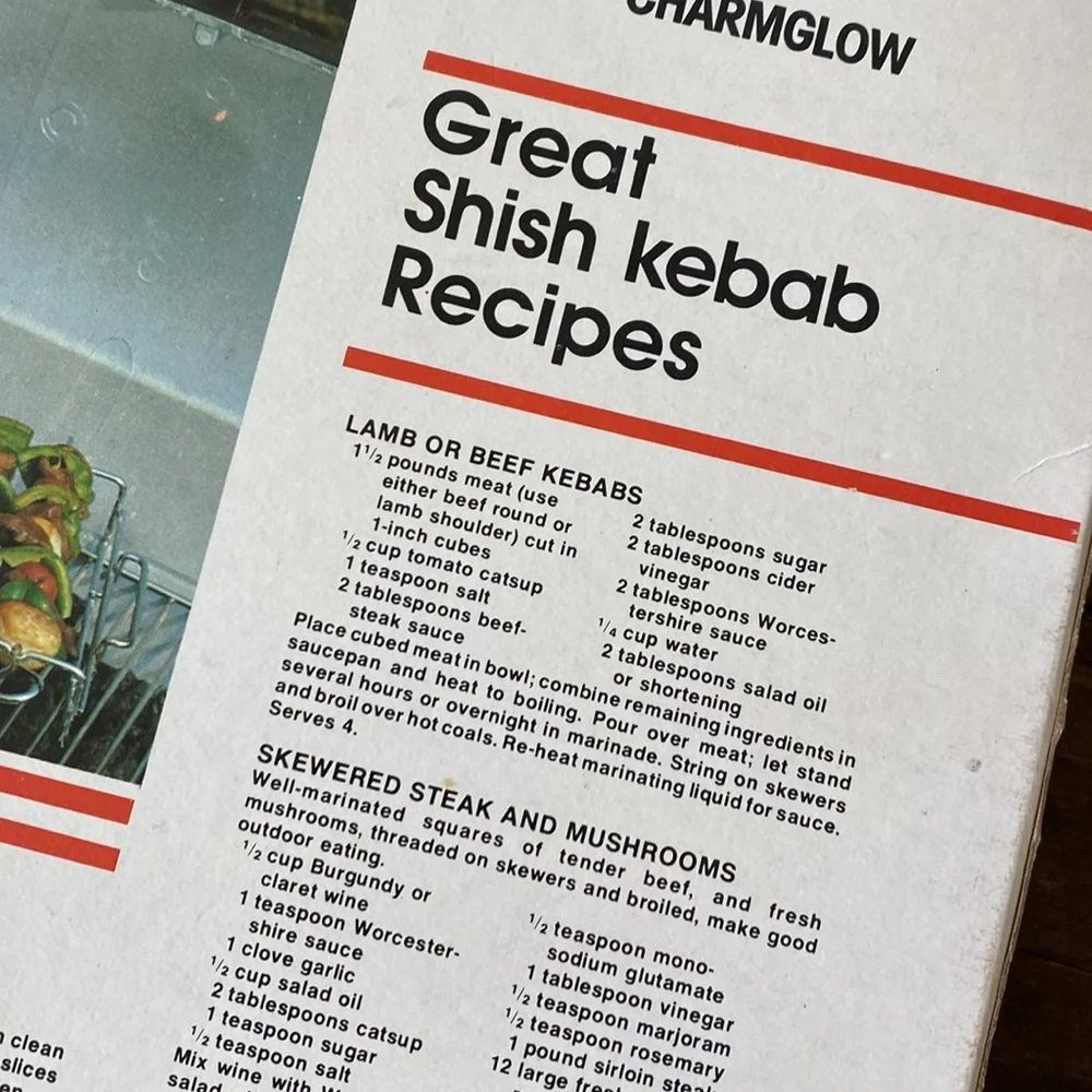 VTG Shish-Kebab Cooking Set. 13 Chrome Plated Skewers with Rack/Recipes. BBQ